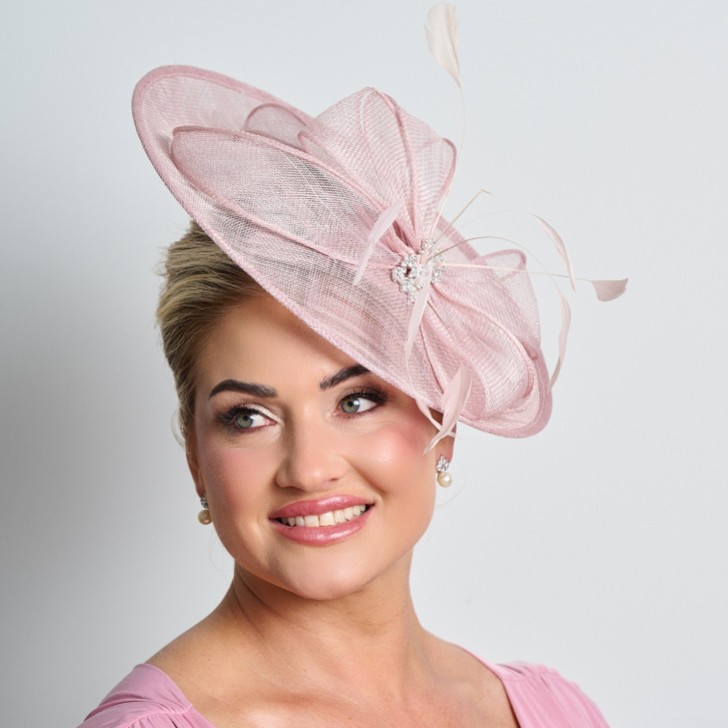 Dusky Pink Diamante Bow Large Sinamay Disk Wedding Fascinator
