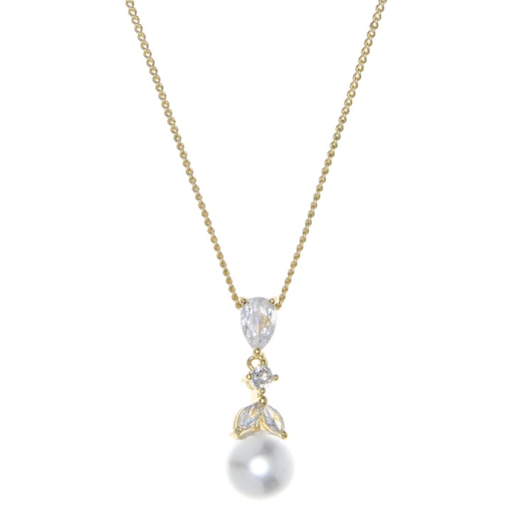 Elegance Gold Crystal and Pearl Wedding Pendant Necklace