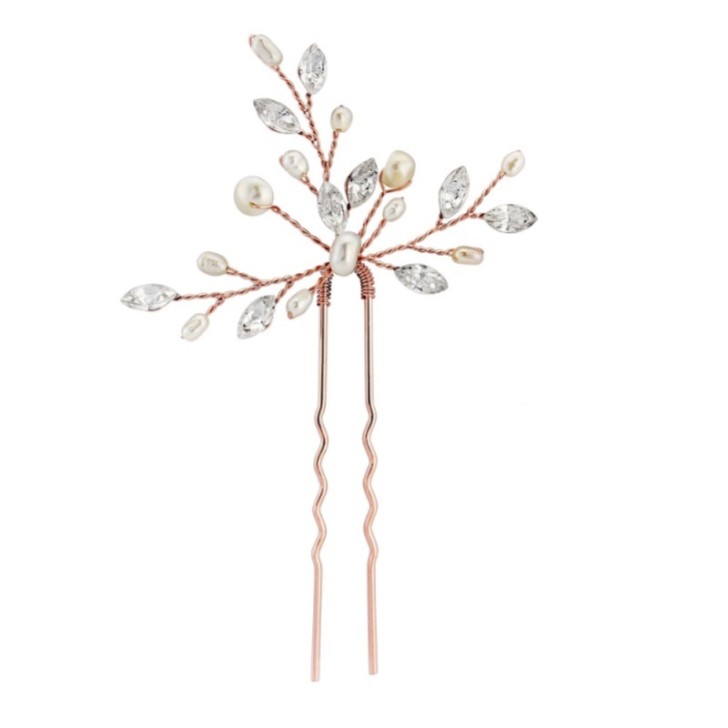 Elodie Crystal and Pearl Wedding Hair Pin (Rose Gold)