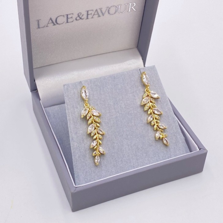 Fern Gold Sparkly Crystal Leaves Earrings