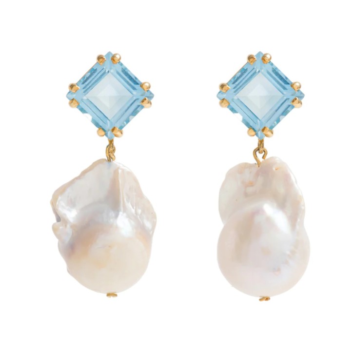 Freya Rose Blue Topaz Baroque Pearl Drop Earrings