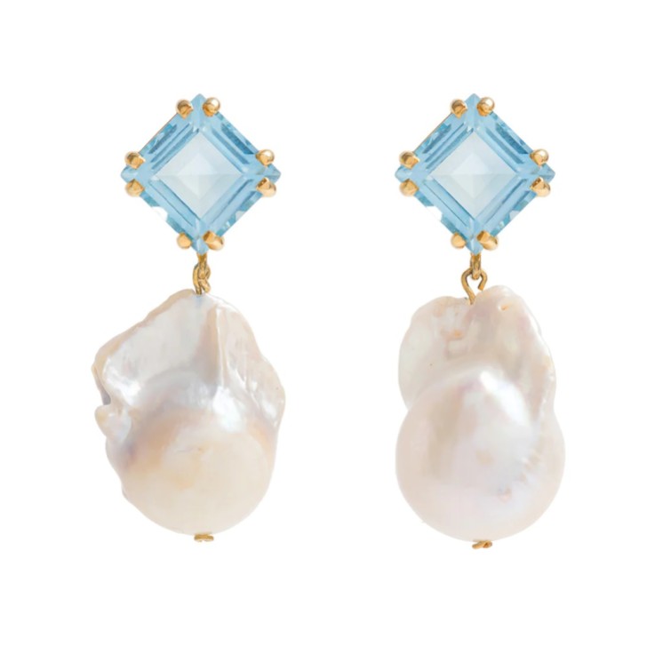 Freya Rose Boucles d'oreilles pendantes en topaze bleue et perles baroques