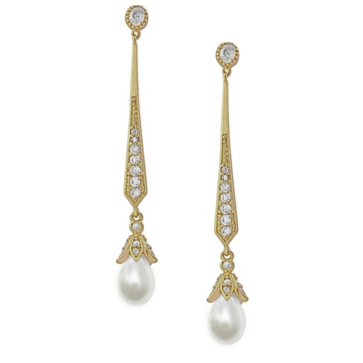 Geneva Long Pearl Drop Wedding Earrings (Gold)