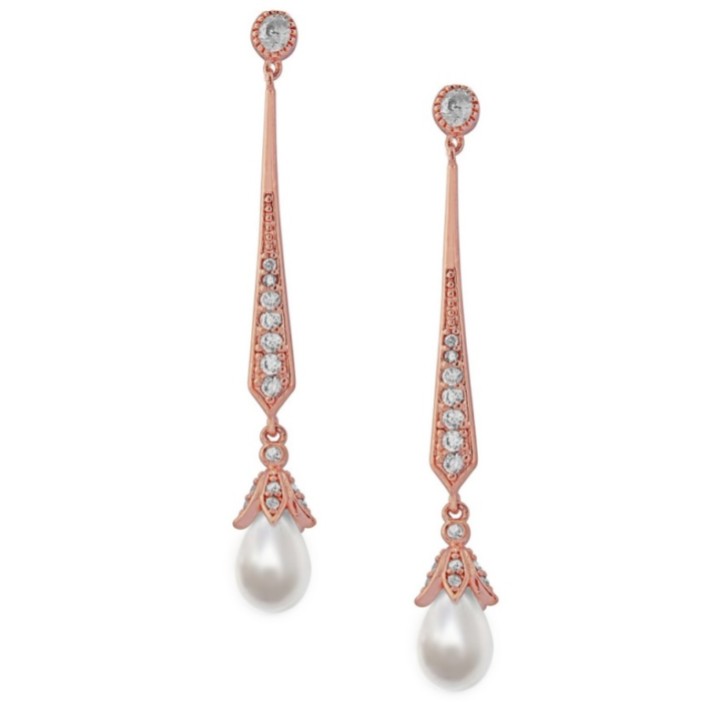 Geneva Long Pearl Drop Wedding Earrings (Rose Gold)