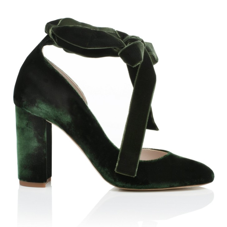 Harriet Wilde Hetty Forest Green Velvet Tie Up Block Heel Court Shoes