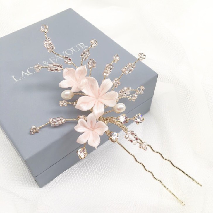 Hibiscus Pale Pink Porcelain Flowers Hair Pin
