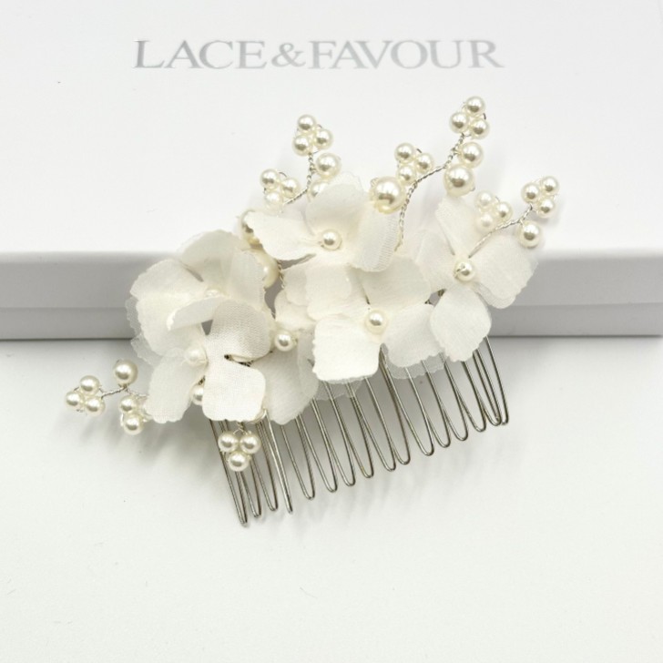 Hydrangea Dainty Ivory Fabric Flowers and Pearl Hair Comb