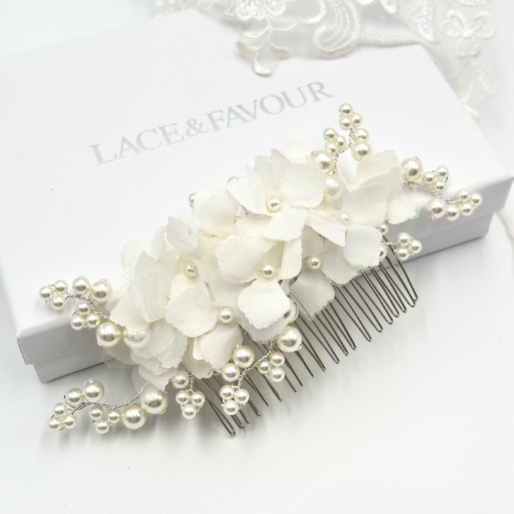 Hydrangea Ivory Fabric Flowers and Pearl Bridal Hair Comb