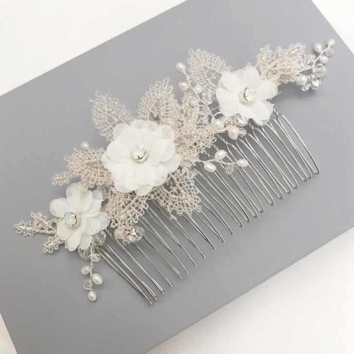 Isabella Opal Crystal Flowers and Silver Lace Leaves Hair Comb