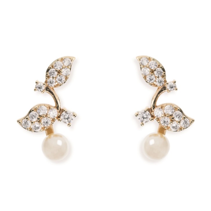 Ivory and Co Aphrodite Crystal Leaves and Pearl Wedding Earrings (Gold)