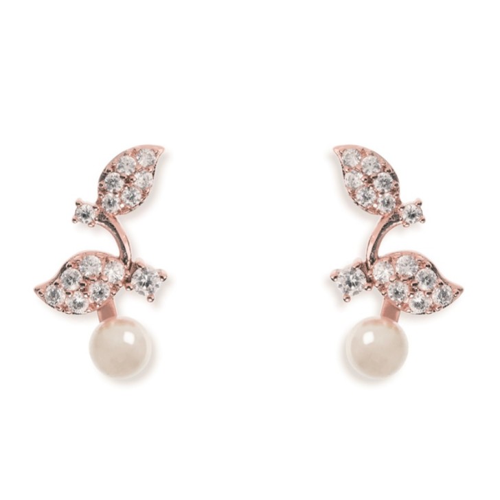 Ivory and Co Aphrodite Crystal Leaves and Pearl Wedding Earrings (Rose Gold)