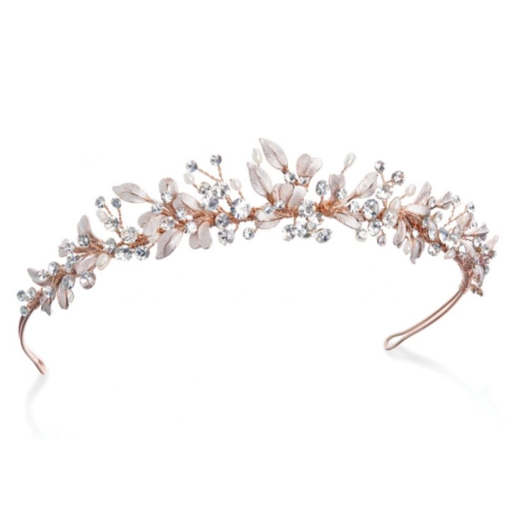 Ivory and Co Tiara da sposa Elfin in oro rosa smaltato con foglie e cristalli