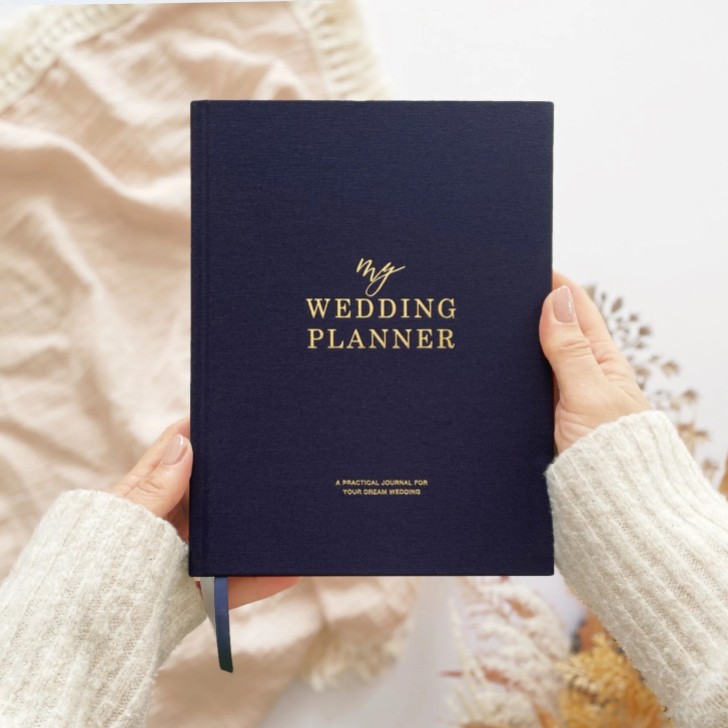 Libro planner per matrimoni in lino di cotone blu con bordi dorati