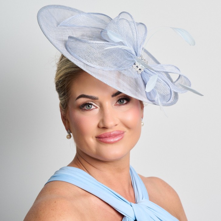 Light Blue Diamante Bow Large Sinamay Disk Wedding Fascinator