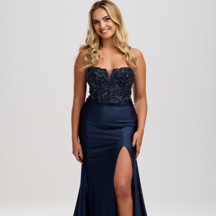 Linzi Jay Navy Strapless Beaded Corset Prom Dress with Slit (Robe de bal de fin d'année avec bretelles et perles)