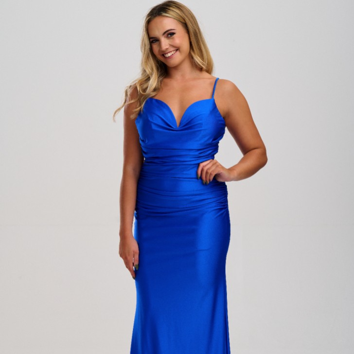 Linzi Jay Plunge Neck Ruched Open Back Prom Dress with Train