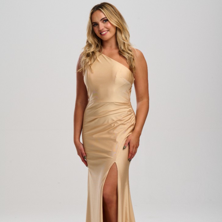 Linzi Jay Robe de bal de fin d'année asymétrique en satin stretch avec fente et traîne