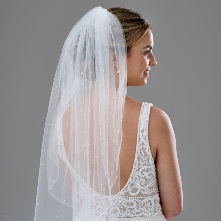 Lovington Ivory Single Tier Scattered Diamante Veil with Corded Edge (Voile à un seul niveau de diamants dispersés et bordé de cordon)