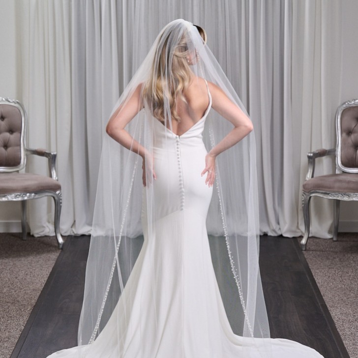 Manhattan Ivory Single Tier Long Pearl and Crystal Embellished Veil