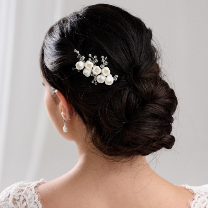 Mini pettine per capelli in porcellana con fiori e cristalli Snowdrop