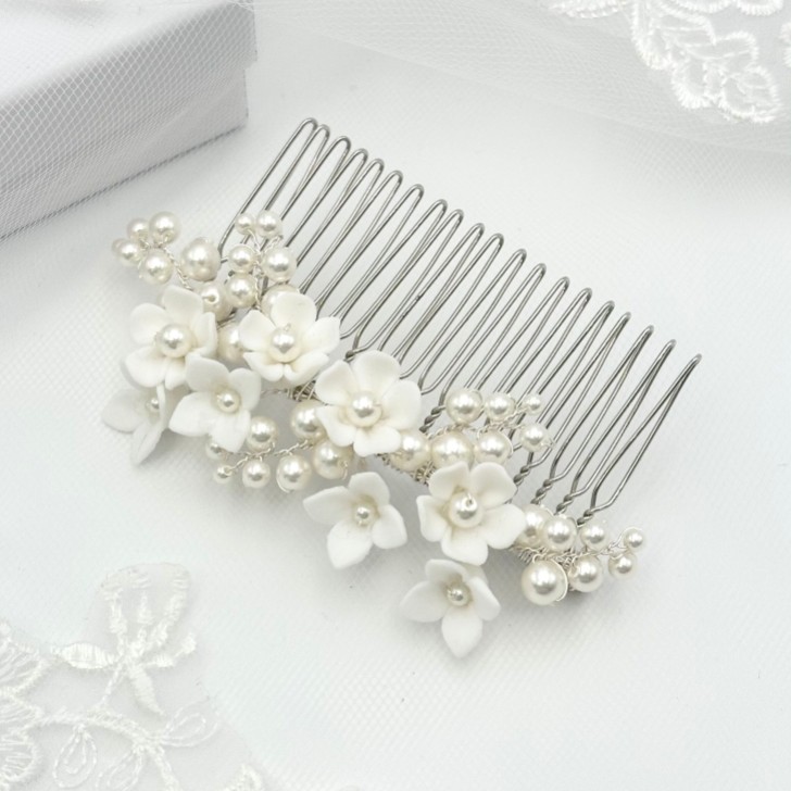 Mirabelle Ivory Ceramic Flower and Pearl Wedding Hair Comb