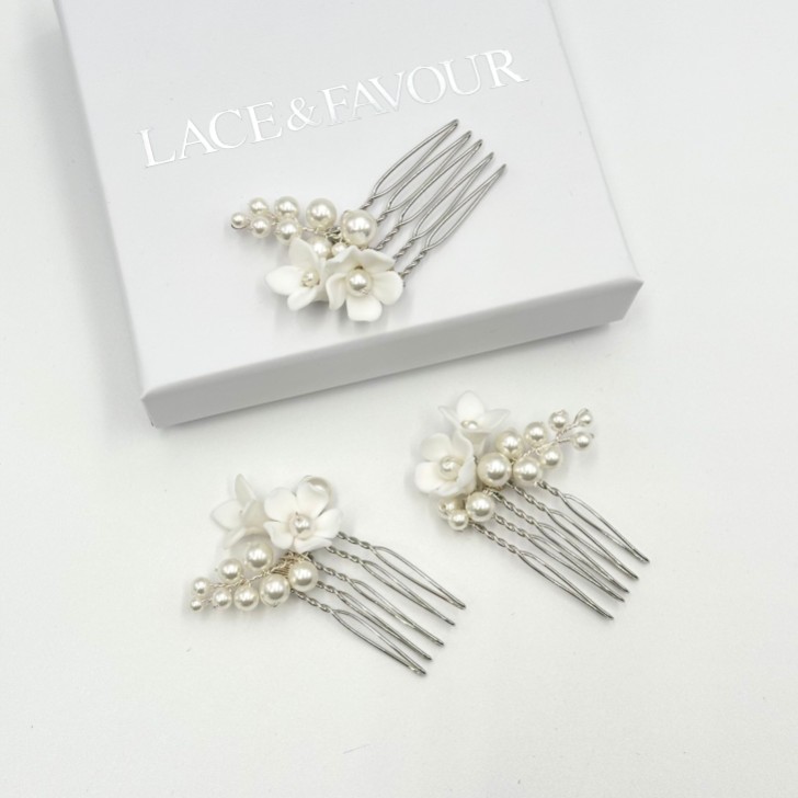 Mirabelle Set of 3 Ivory Ceramic Flower and Pearl Mini Hair Combs