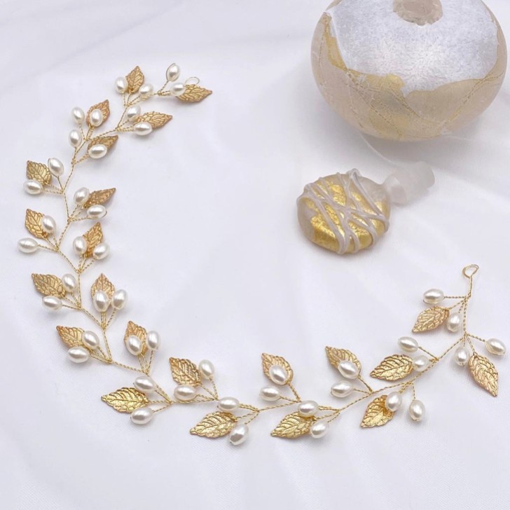 Oktober Gold Blätter und Perlen Lange Hochzeit Haarsträhne