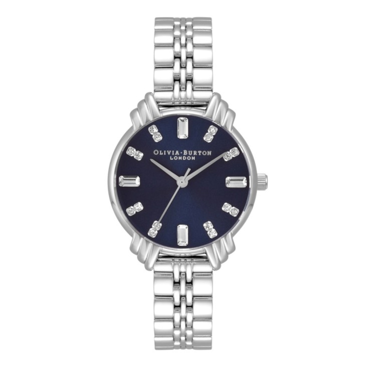 Olivia Burton Art Deco Armbanduhr 30mm Marineblau und Silber