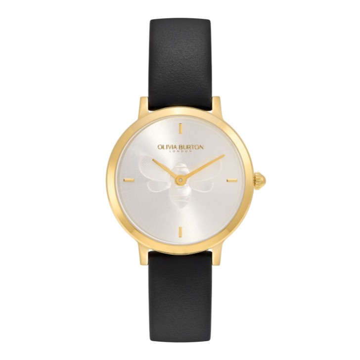Olivia Burton Bee 28mm Ultra Slim Uhr mit goldenem und schwarzem Lederarmband