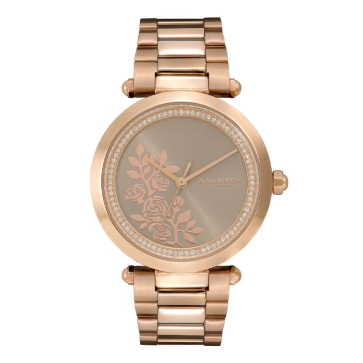 Olivia Burton Floral 34mm Rose Gold Bracelet Watch with Crystal Detail