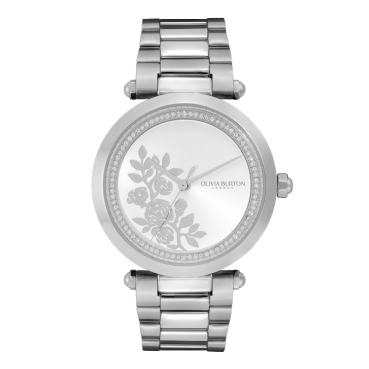 Olivia Burton Floral 34mm Silber Armbanduhr mit Kristall Detail
