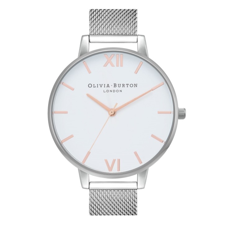 Olivia Burton Klassische 38mm Uhr aus weißem und silbernem Mesh