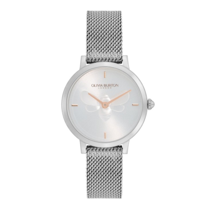 Olivia Burton Montre Bee 28mm Ultra Slim Metallic White and Silver Mesh