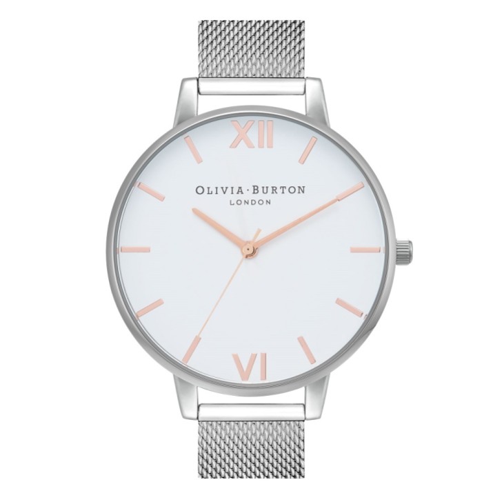 Olivia Burton Orologio Classic 38 mm a maglia bianca e argento