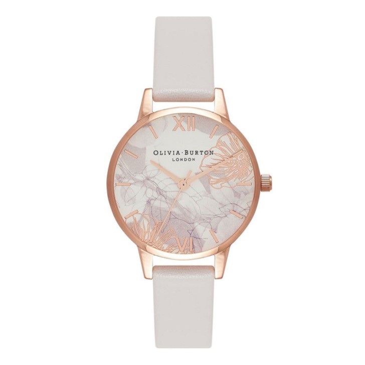 Olivia Burton Orologio floreale con cinturino in pelle bianca e oro rosa da 30 mm