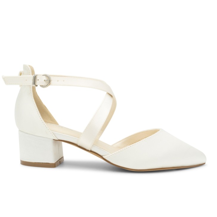 Paradox London Blanche Ivory Satin Wide Fit Cross Strap Low Block Heels