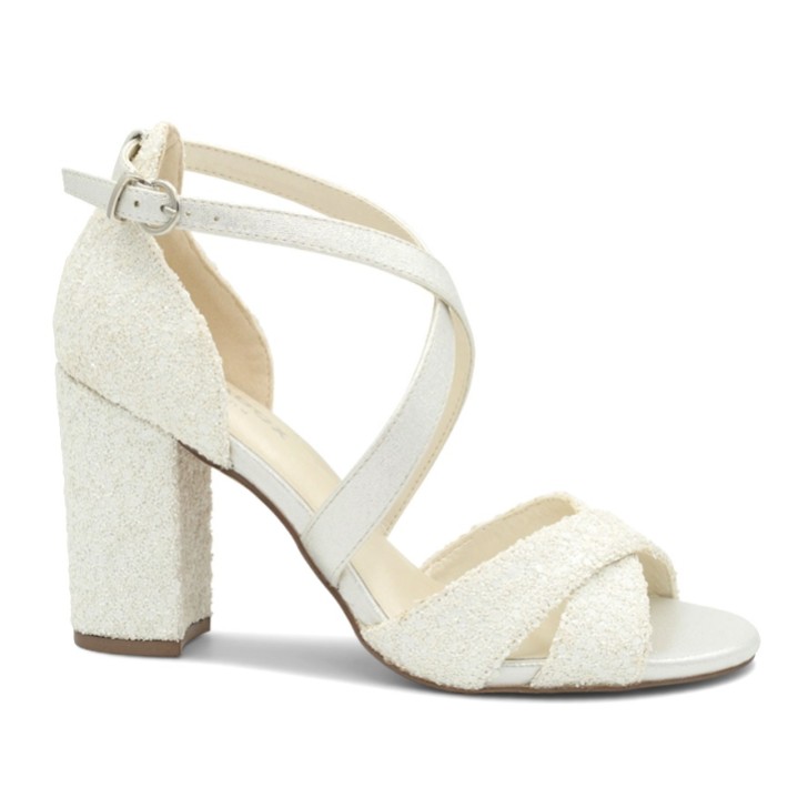 Paradox London Carina White Glitter High Block Heel Crossover Sandals (Sandales croisées à talons hauts et à paillettes)