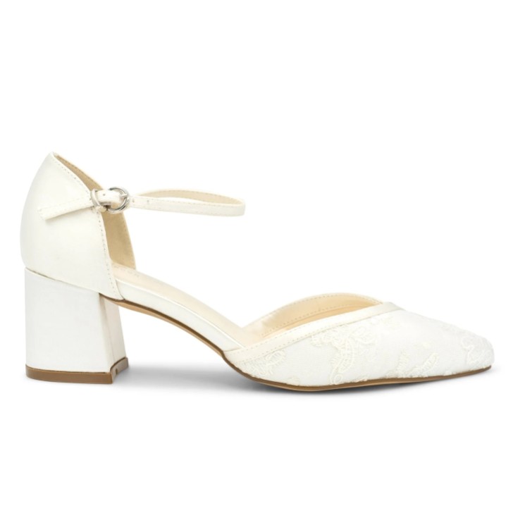 Paradox London Charla Ivory Lace Low Block Heel Ankle Strap Court Shoes