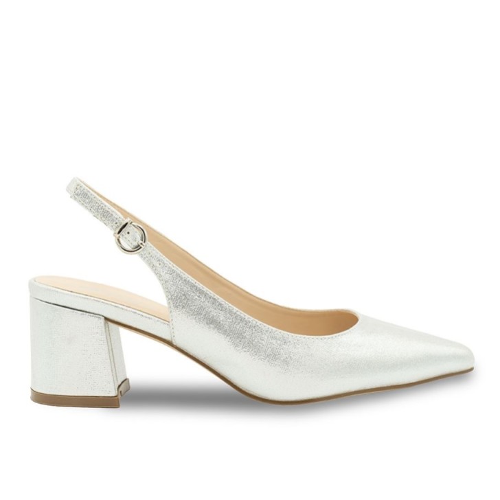 Paradox London Flynn Silver Shimmer Wide Fit Low Block Heel Slingbacks (escarpins à bas talons)