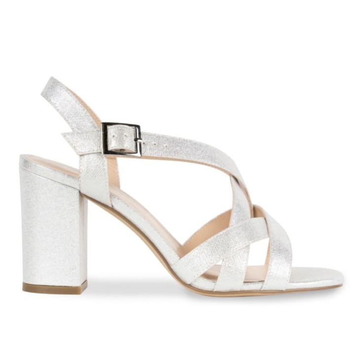 Paradox London Hilde Silver Shimmer Wide Fit Block Heel Sandals (Sandales à talons hauts)