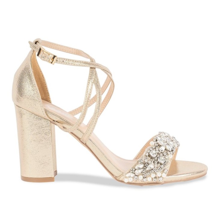 Paradox London Hira Champagne Shimmer Embellished Block Heel Sandals (Sandales à talons hauts)