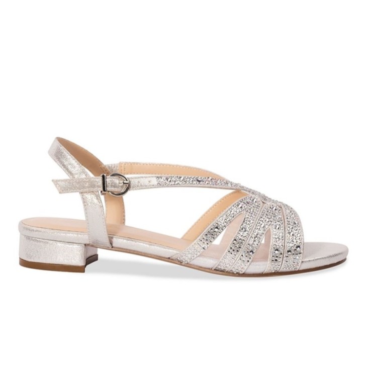 Paradox London Quest Silver Shimmer Diamante Wide Fit Flat Sandals