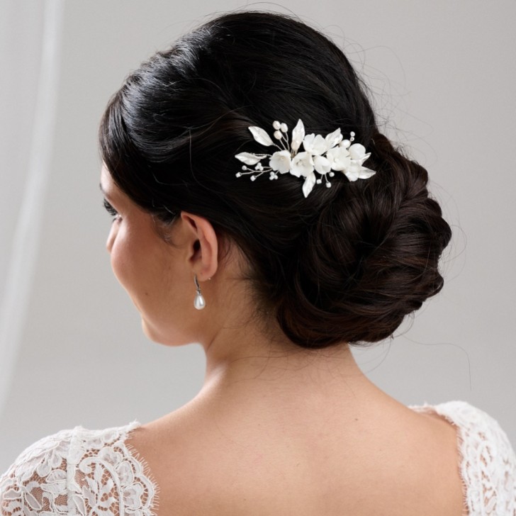 Peigne à cheveux Tulippa en porcelaine avec fleurs et feuilles d'argent