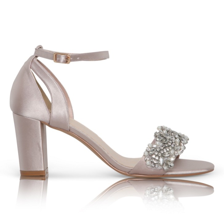 Perfect Bridal Alexa Taupe Satin Embellished Block Heel Sandals