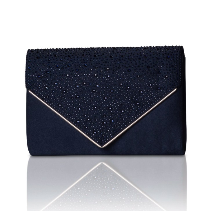 Perfect Bridal Anya Marineblaue Umschlagtasche aus Satin und Diamanten