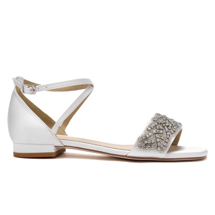 Perfect Bridal Blair Ivory Satin Crystal Embellished Cross Strap Flat Sandals (Wide Fit)