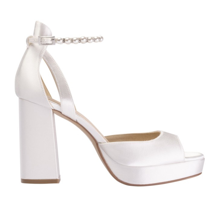 Perfect Bridal Camden Dyeable Ivory Satin Block Heel Platform Sandals with Pearl Strap (ST14)