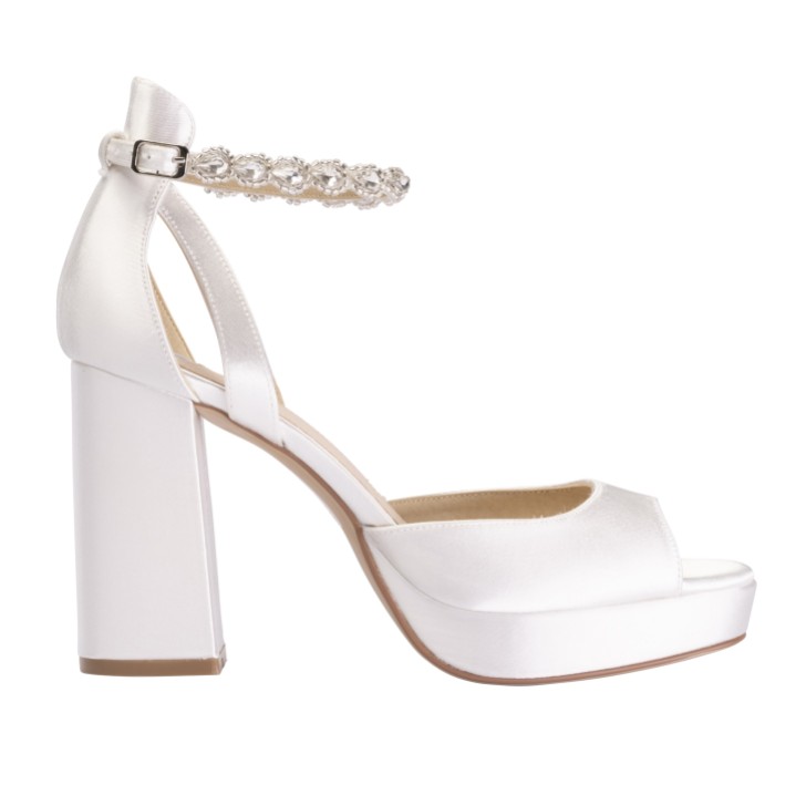 Perfect Bridal Camden Dyeable Ivory Satin Block Heel Platform Sandals with Teardrop Crystal Strap (ST08)