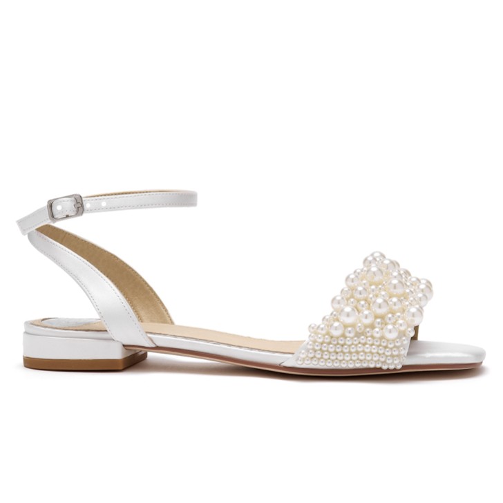 Perfect Bridal Claire Ivory Satin Pearl Flat Sandals (Wide Fit)