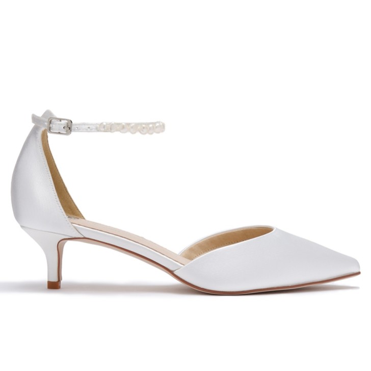 Perfect Bridal Eliza Dyeable Ivory Satin Keshi Pearl Ankle Strap Kitten Heels